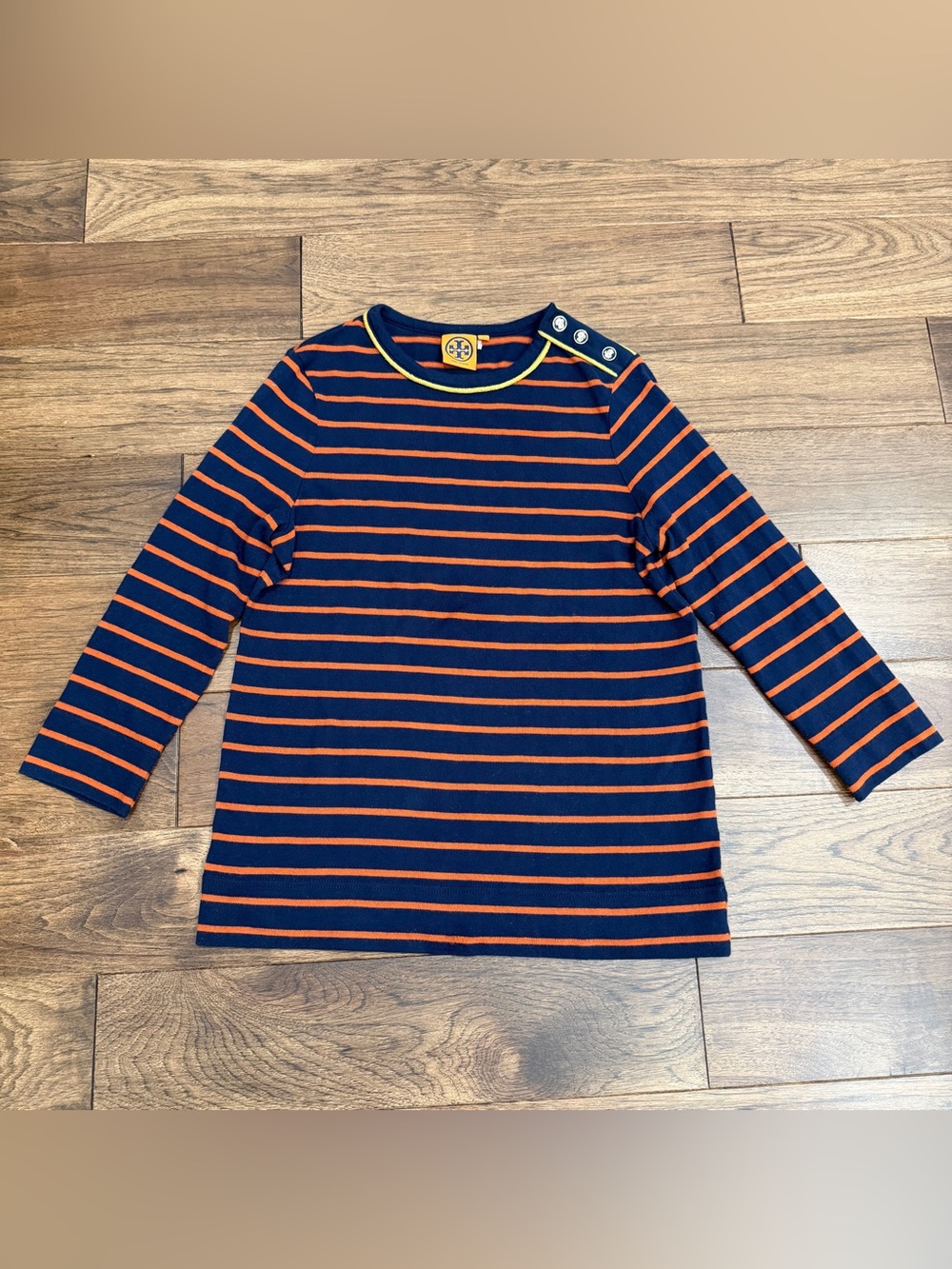 Tory Burch Striped Navy Orange Shoulder Button 100% Cotton Knit Crew Neck Top L